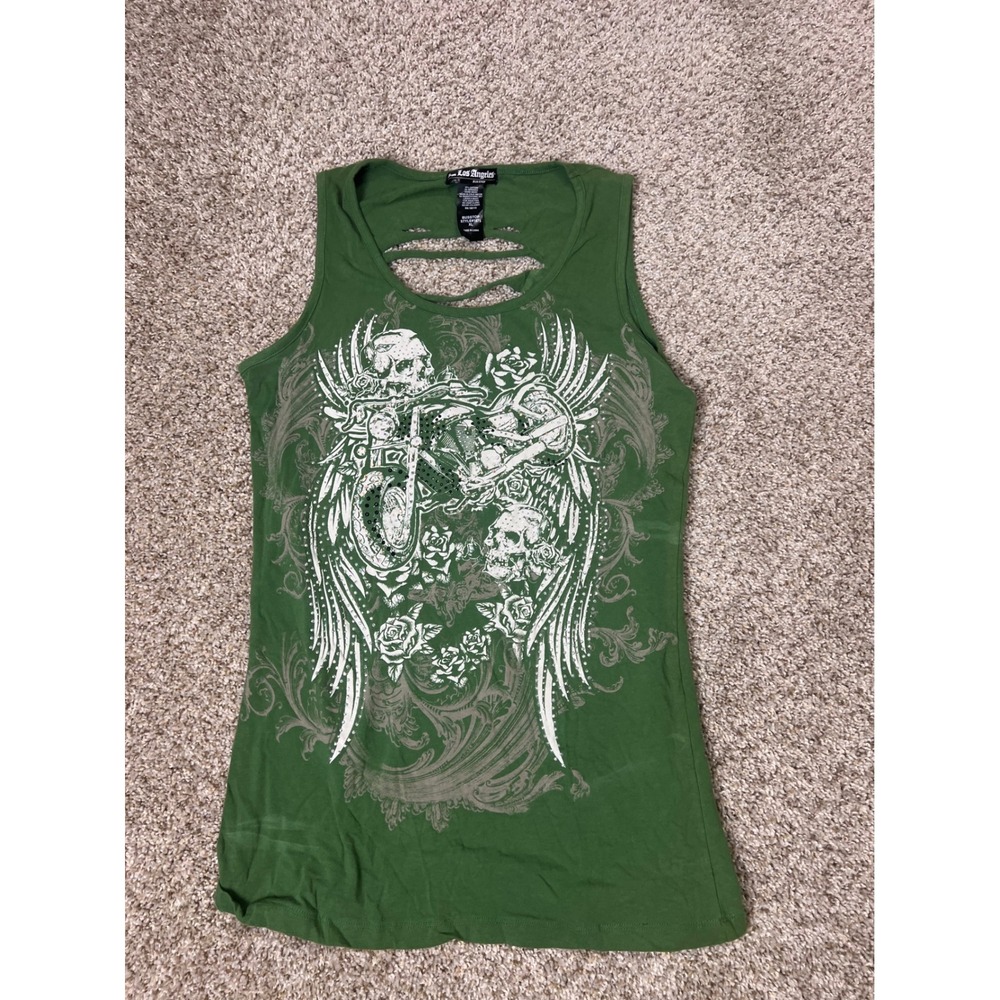 Los Angeles Bus Stop Green Biker Graphic Tank Top Skull Motorcycle XL